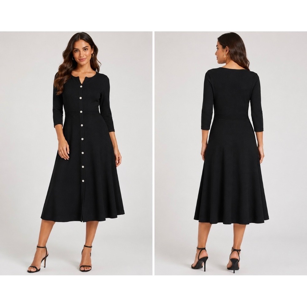 Vero Moda Update 7/8 Knit Dress XL Black Button Front Fit & Flare Midi Dress